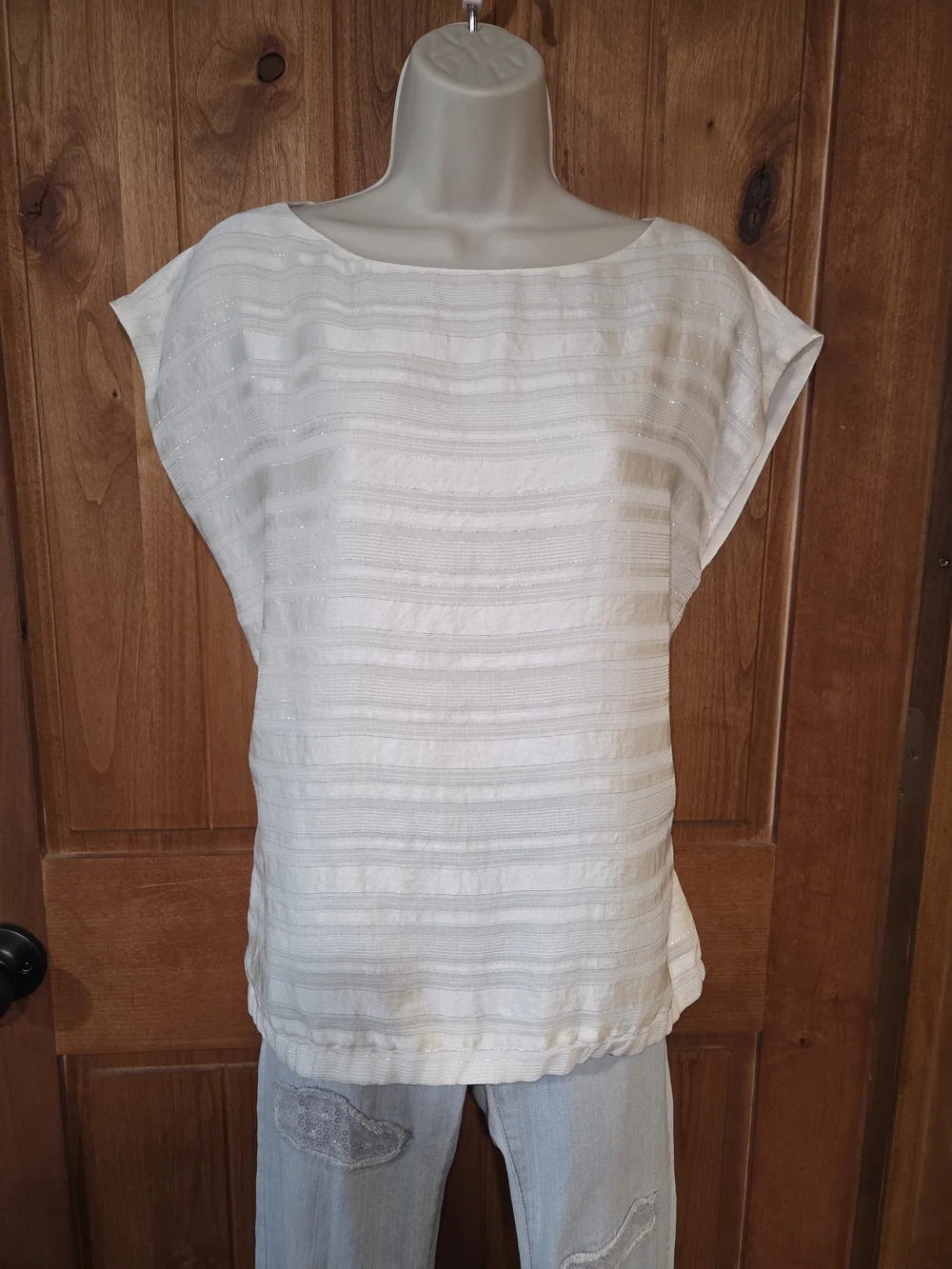 LOFT White Boatneck Short Sleeve Textured‎ Top